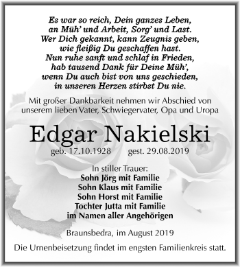 Traueranzeige von Edgar Nakielski von Wochenspiegel Merseburg/Querfurt