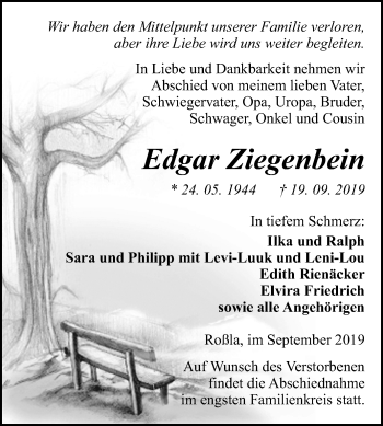 Traueranzeige von Edgar Ziegenbein von Mitteldeutsche Zeitung Sangerhausen