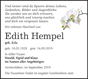 Traueranzeige von Edith Hempel von Wochenspiegel Aschersleben