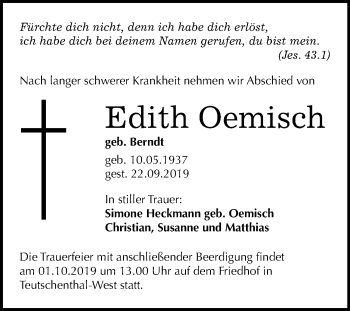 Traueranzeige von Edith Oemisch von Mitteldeutsche Zeitung Halle/Saalkreis