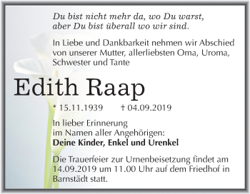 Traueranzeige von Edith Raap von Wochenspiegel Merseburg/Querfurt
