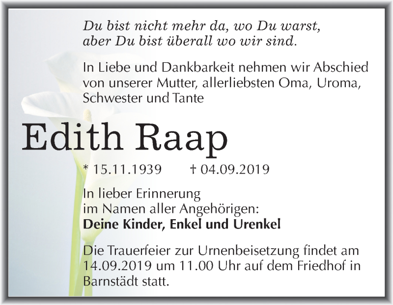  Traueranzeige für Edith Raap vom 11.09.2019 aus Wochenspiegel Merseburg/Querfurt