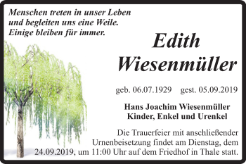 Traueranzeige von Edith Wiesenmüller von Super Sonntag Quedlinburg