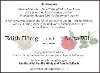Traueranzeige von Edith und Anita Hönig und Wild von Mitteldeutsche Zeitung Quedlinburg