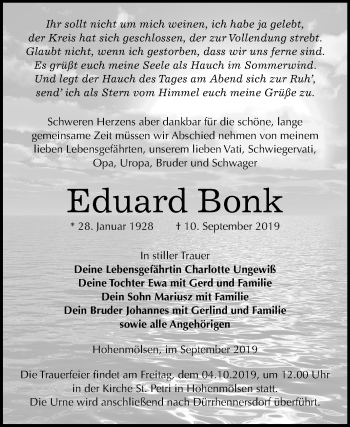Traueranzeige von Eduard Bonk von Wochenspiegel Weißenfels