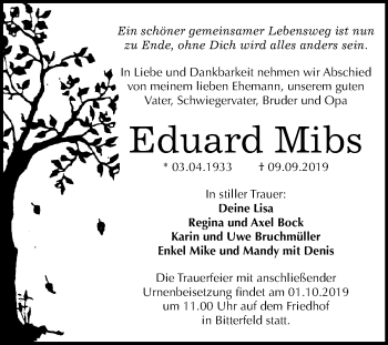 Traueranzeige von Eduard Mibs von Wochenspiegel Bitterfeld