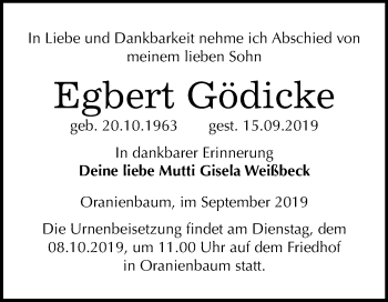Traueranzeige von Egbert Gödicke von Mitteldeutsche Zeitung Wittenberg