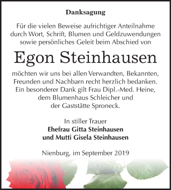 Traueranzeige von Egon Steinhausen von Super Sonntag Bernburg