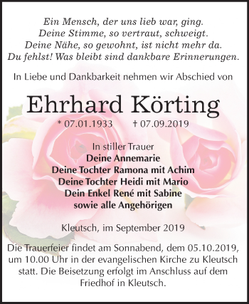 Traueranzeige von Ehrhard Körting von Super Sonntag Dessau-Roßlau