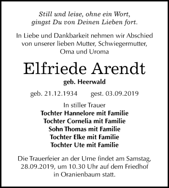 Traueranzeige von Elfriede Arendt von Mitteldeutsche Zeitung Wittenberg