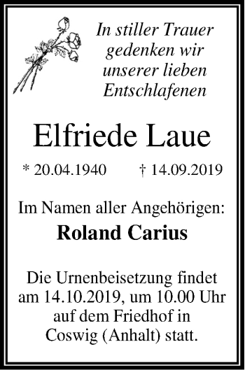 Traueranzeige von Elfriede Laue von Super Sonntag Wittenberg