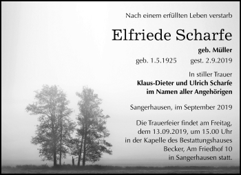 Traueranzeige von Elfriede Scharfe von Mitteldeutsche Zeitung Sangerhausen