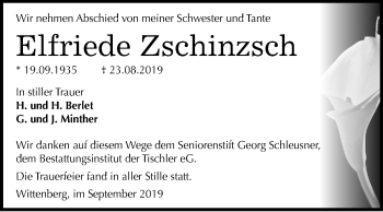 Traueranzeige von Elfriede Zschinzsch von Super Sonntag Wittenberg