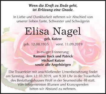 Traueranzeige von Elisa Nagel von Mitteldeutsche Zeitung Weißenfels