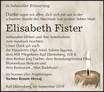 Traueranzeige von Elisabeth Fister von Mitteldeutsche Zeitung Merseburg/Querfurt