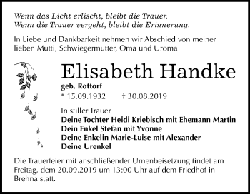 Traueranzeige von Elisabeth Handke von Wochenspiegel Bitterfeld