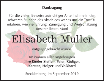 Traueranzeige von Elisabeth Müller von Mitteldeutsche Zeitung Quedlinburg