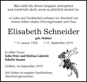 Traueranzeige von Elisabeth Schneider von Super Sonntag Zeitz