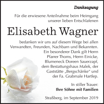 Traueranzeige von Elisabeth Wagner von Super Sonntag Quedlinburg