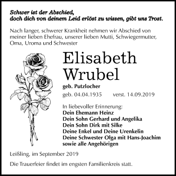 Traueranzeige von Elisabeth Wrubel von Mitteldeutsche Zeitung Weißenfels