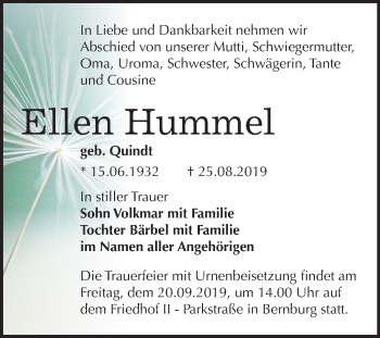 Traueranzeige von Ellen Hummel von Mitteldeutsche Zeitung Bernburg