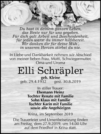 Traueranzeige von Elli Schräpler von Wochenspiegel Bitterfeld