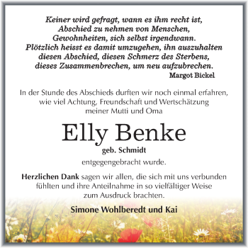 Traueranzeige von Elly Benke von Mitteldeutsche Zeitung Merseburg/Querfurt