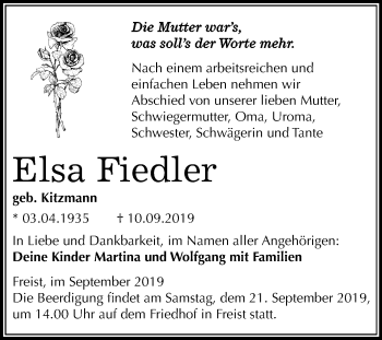 Traueranzeige von Elsa Fiedler von Mitteldeutsche Zeitung Mansfelder Land