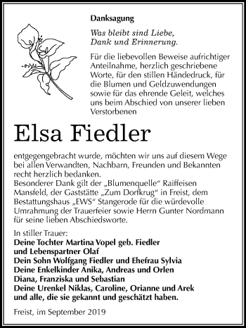 Traueranzeige von Elsa Fiedler von Mitteldeutsche Zeitung Mansfelder Land
