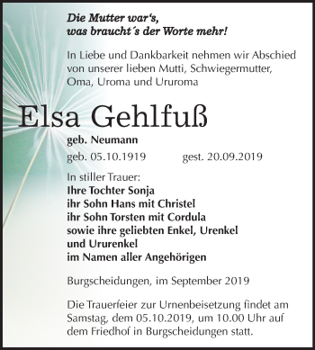 Traueranzeige von Elsa Gehlfuß von Mitteldeutsche Zeitung Naumburg/Nebra
