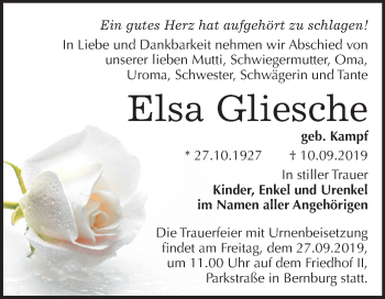 Traueranzeige von Elsa Gliesche von Super Sonntag Bernburg