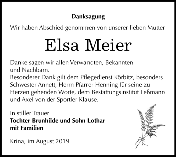 Traueranzeige von Elsa Meier von Wochenspiegel Bitterfeld