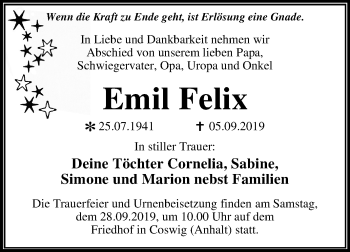 Traueranzeige von Emil Felix von Super Sonntag Wittenberg