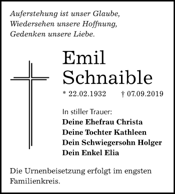 Traueranzeige von Emil Schnaible von Mitteldeutsche Zeitung Bitterfeld