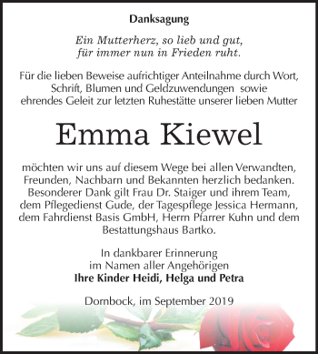 Traueranzeige von Emma Kiewel von Super Sonntag Köthen