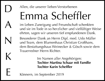 Traueranzeige von Emma Scheffler von Mitteldeutsche Zeitung Bernburg