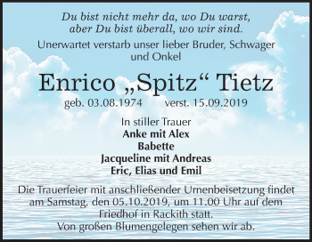 Traueranzeige von Enrico Tietz von Mitteldeutsche Zeitung Wittenberg