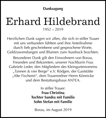 Traueranzeige von Erhard Hildebrand von Mitteldeutsche Zeitung Weißenfels