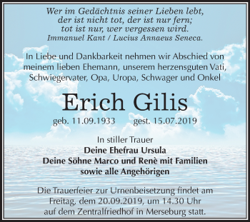 Traueranzeige von Erich Gilis von Mitteldeutsche Zeitung Merseburg/Querfurt