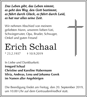 Traueranzeige von Erich Schaal von Mitteldeutsche Zeitung Halle/Saalkreis