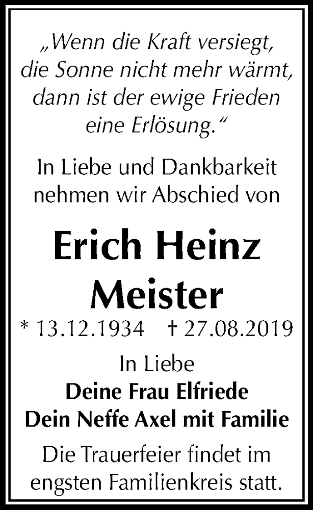  Traueranzeige für Erich Heinz Meister vom 04.09.2019 aus Mitteldeutsche Zeitung Dessau-Roßlau