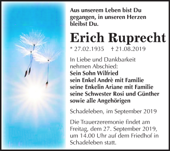 Traueranzeige von Erich Ruprecht Ruprecht von Mitteldeutsche Zeitung Aschersleben
