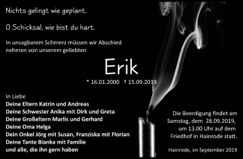 Traueranzeige von Erik  von Mitteldeutsche Zeitung Sangerhausen
