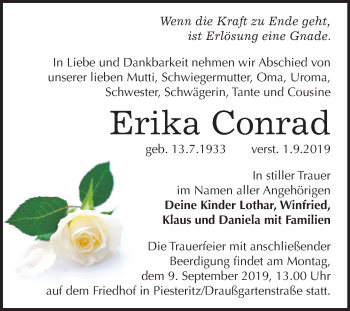 Traueranzeige von Erika Conrad von Super Sonntag Wittenberg