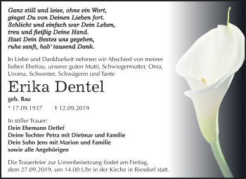 Traueranzeige von Erika Dentel von Mitteldeutsche Zeitung Köthen