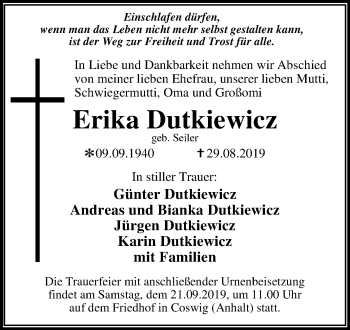 Traueranzeige von Erika Dutkiewicz von Super Sonntag Wittenberg