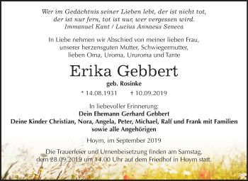 Traueranzeige von Erika Gebbert von Super Sonntag Aschersleben