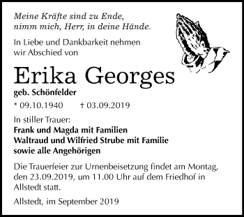 Traueranzeige von Erika Georges von Mitteldeutsche Zeitung Sangerhausen