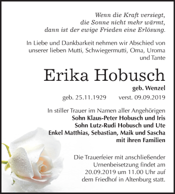 Traueranzeige von Erika Hobusch von Super Sonntag Bernburg