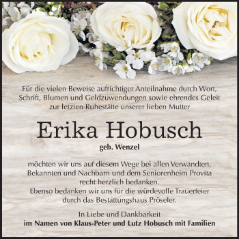 Traueranzeige von Erika Hobusch von Super Sonntag Bernburg
